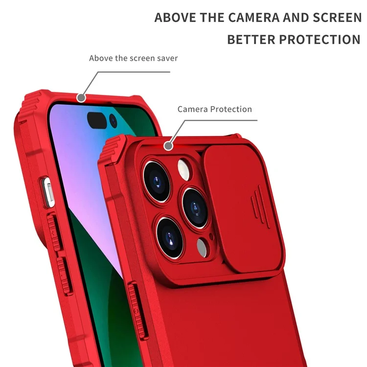 Para iPhone 15 Pro Max Slide Camera Lid PC+TPU Phone Case Anti-drop Kickstand Back Cover - Rojo