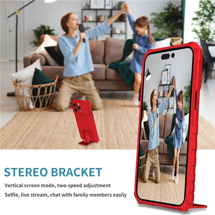 Para iPhone 15 Pro Max Slide Camera Lid PC+TPU Phone Case Anti-drop Kickstand Back Cover - Rojo