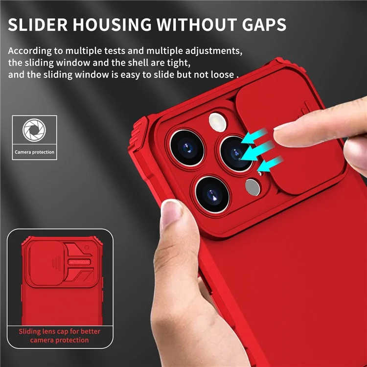 Para iPhone 15 Pro Max Slide Camera Lid PC+TPU Phone Case Anti-drop Kickstand Back Cover - Rojo