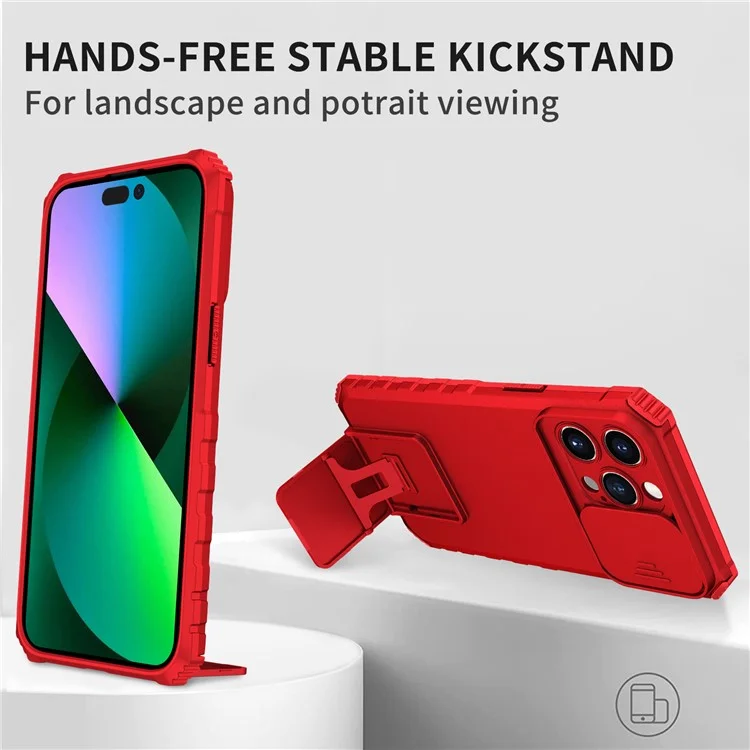 Para iPhone 15 Pro Max Slide Camera Lid PC+TPU Phone Case Anti-drop Kickstand Back Cover - Rojo
