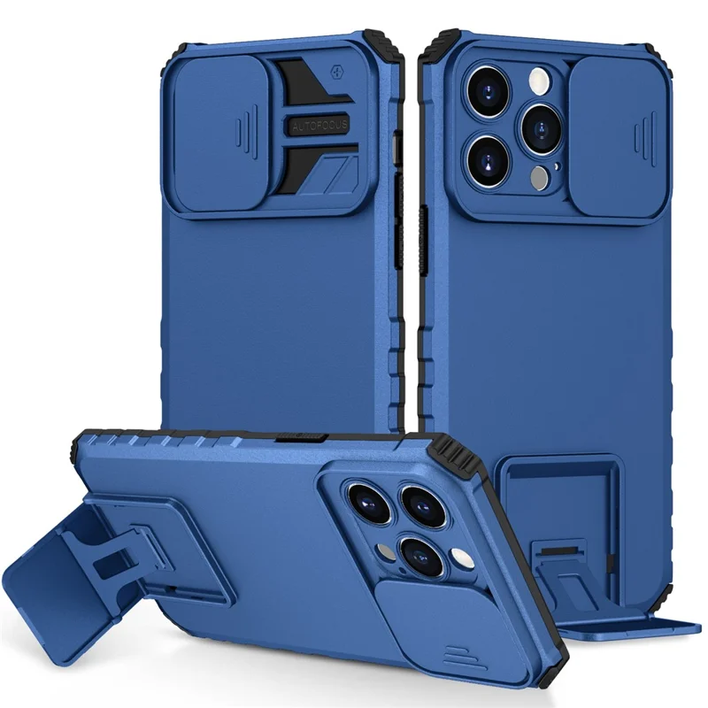 For iPhone 15 Pro Max Slide Camera Lid PC+TPU Phone Case Anti-drop Kickstand Back Cover - Blue