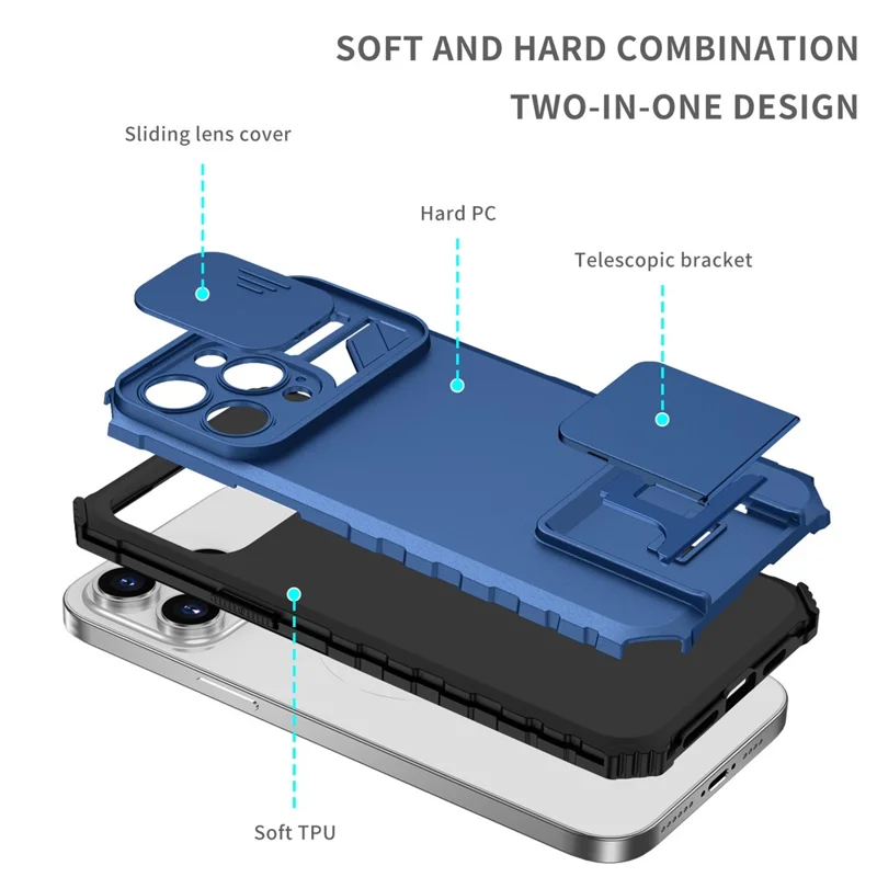 For iPhone 15 Pro Max Slide Camera Lid PC+TPU Phone Case Anti-drop Kickstand Back Cover - Blue