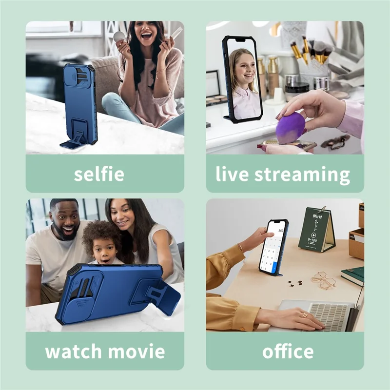 For iPhone 15 Pro Max Slide Camera Lid PC+TPU Phone Case Anti-drop Kickstand Back Cover - Blue