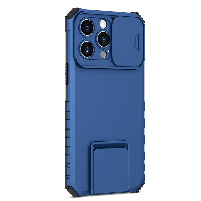 For iPhone 15 Pro Max Slide Camera Lid PC+TPU Phone Case Anti-drop Kickstand Back Cover - Blue
