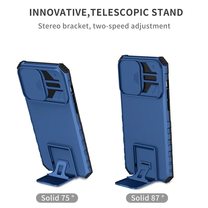 For iPhone 15 Pro Max Slide Camera Lid PC+TPU Phone Case Anti-drop Kickstand Back Cover - Blue