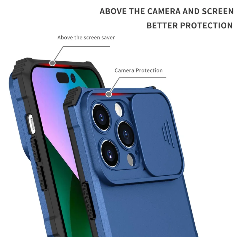 For iPhone 15 Pro Max Slide Camera Lid PC+TPU Phone Case Anti-drop Kickstand Back Cover - Blue