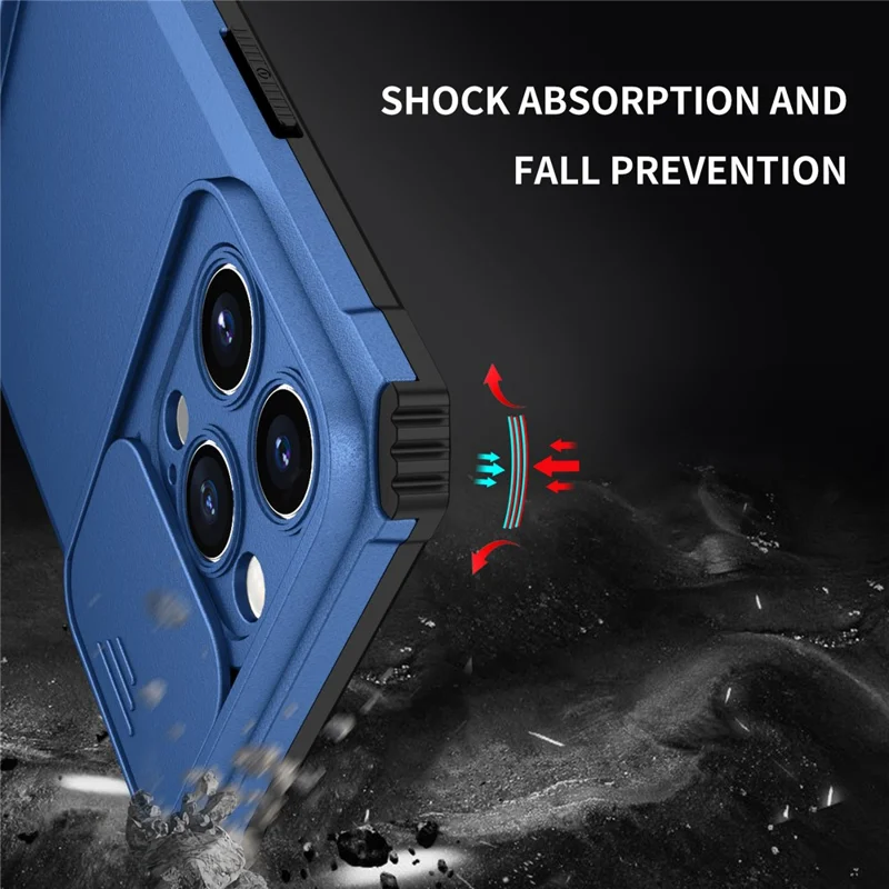 For iPhone 15 Pro Max Slide Camera Lid PC+TPU Phone Case Anti-drop Kickstand Back Cover - Blue