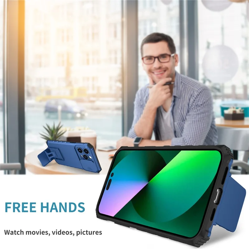 For iPhone 15 Pro Max Slide Camera Lid PC+TPU Phone Case Anti-drop Kickstand Back Cover - Blue