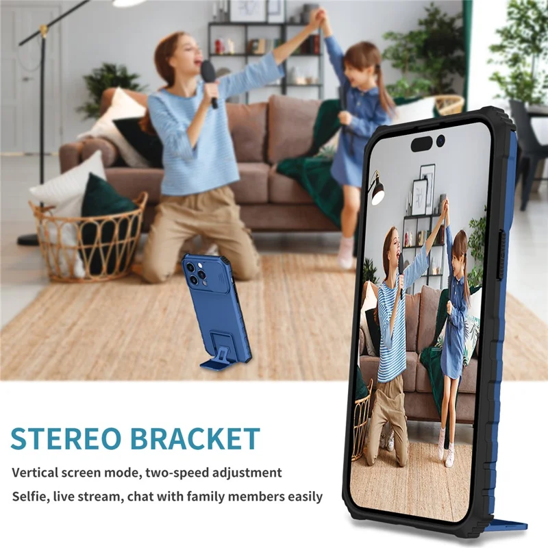 For iPhone 15 Pro Max Slide Camera Lid PC+TPU Phone Case Anti-drop Kickstand Back Cover - Blue