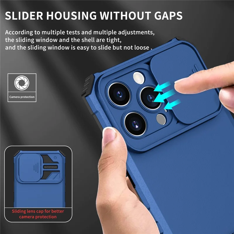 For iPhone 15 Pro Max Slide Camera Lid PC+TPU Phone Case Anti-drop Kickstand Back Cover - Blue