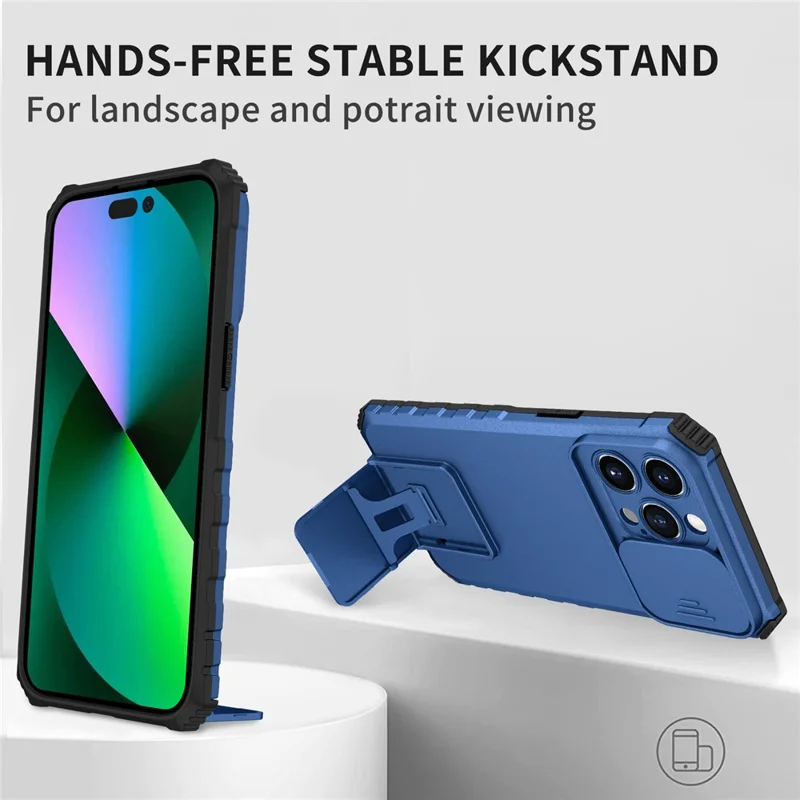 For iPhone 15 Pro Max Slide Camera Lid PC+TPU Phone Case Anti-drop Kickstand Back Cover - Blue