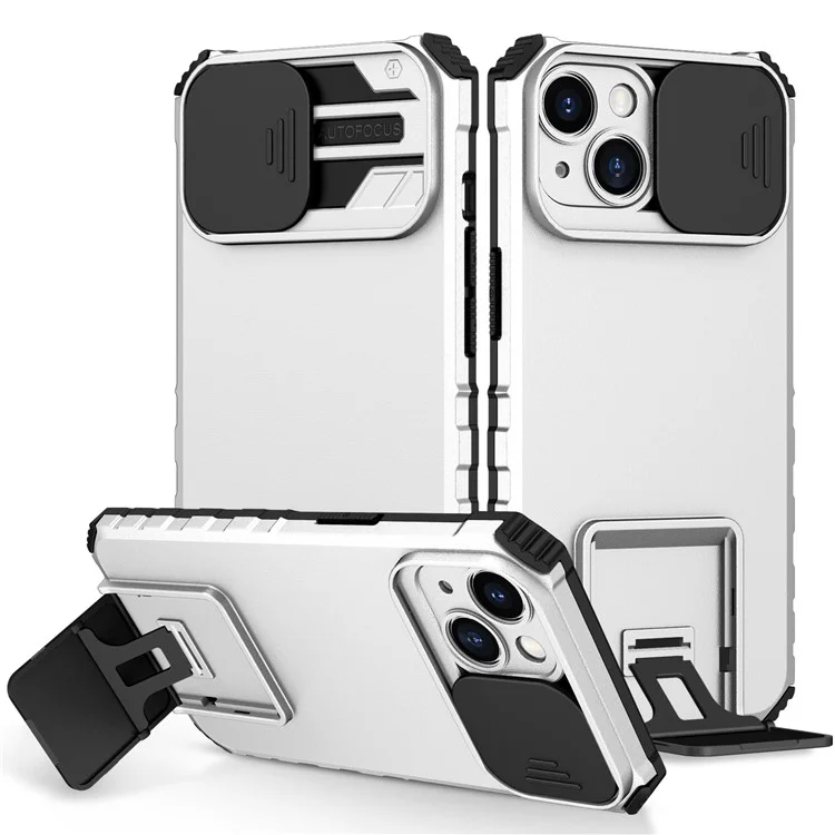 Für iPhone 15 Slide Camera Cover Phone Case PC+TPU Stoßfestes Gehäuse mit Ständer - Weiß