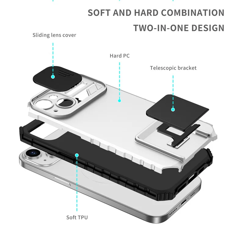Für iPhone 15 Slide Camera Cover Phone Case PC+TPU Stoßfestes Gehäuse mit Ständer - Weiß
