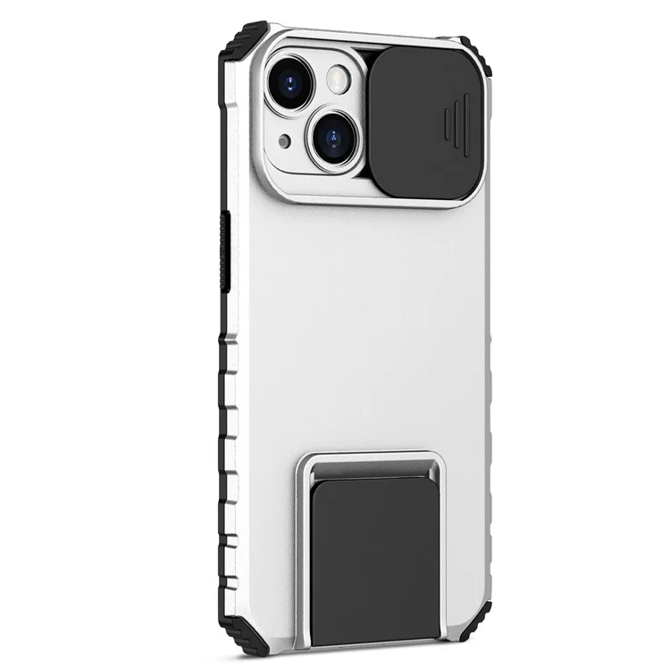 Für iPhone 15 Slide Camera Cover Phone Case PC+TPU Stoßfestes Gehäuse mit Ständer - Weiß