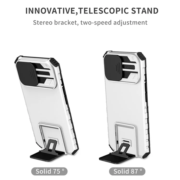 Für iPhone 15 Slide Camera Cover Phone Case PC+TPU Stoßfestes Gehäuse mit Ständer - Weiß