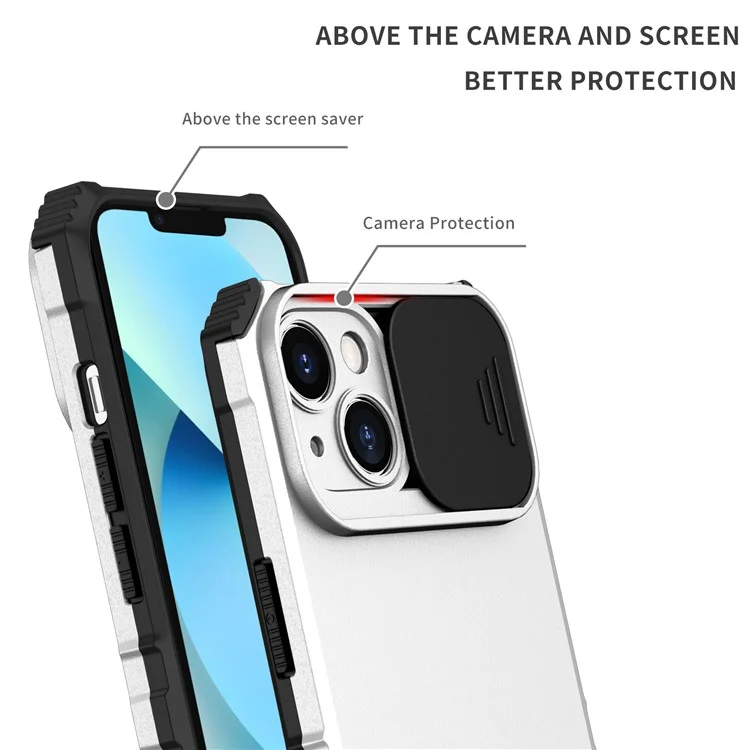 Für iPhone 15 Slide Camera Cover Phone Case PC+TPU Stoßfestes Gehäuse mit Ständer - Weiß