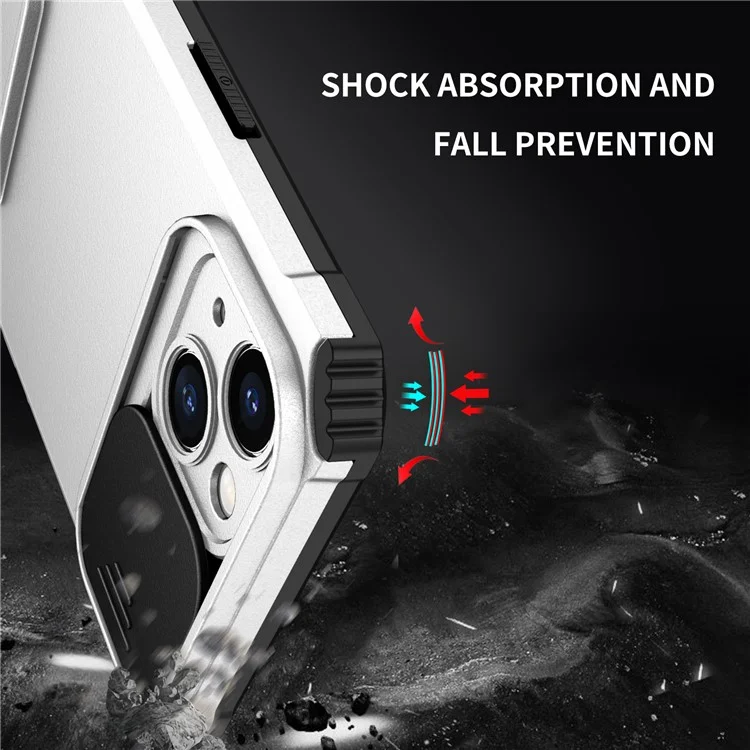 Für iPhone 15 Slide Camera Cover Phone Case PC+TPU Stoßfestes Gehäuse mit Ständer - Weiß