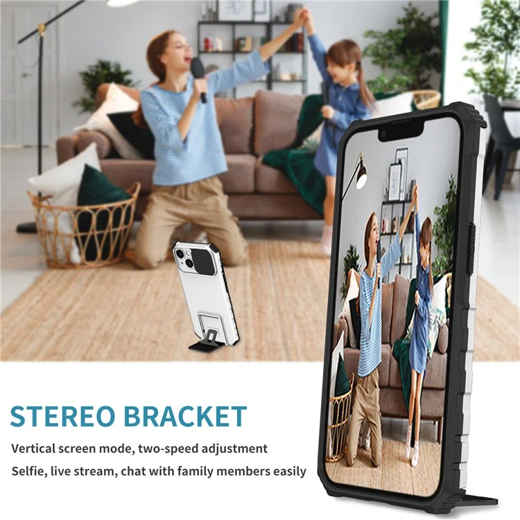 Für iPhone 15 Slide Camera Cover Phone Case PC+TPU Stoßfestes Gehäuse mit Ständer - Weiß