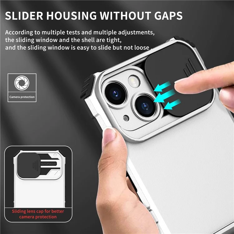 Für iPhone 15 Slide Camera Cover Phone Case PC+TPU Stoßfestes Gehäuse mit Ständer - Weiß