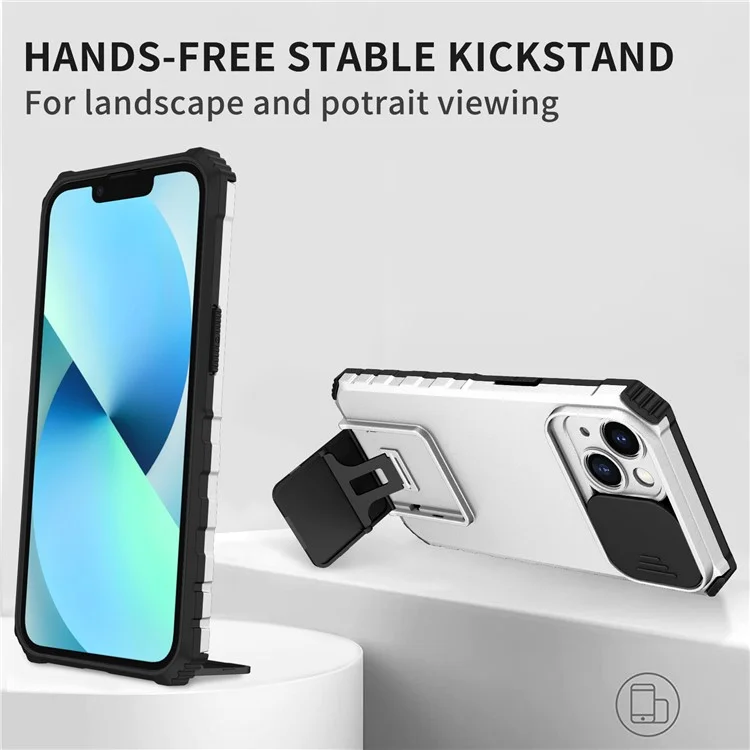 Für iPhone 15 Slide Camera Cover Phone Case PC+TPU Stoßfestes Gehäuse mit Ständer - Weiß