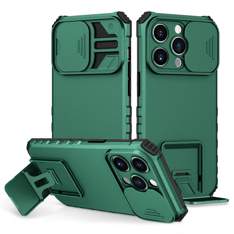 Slide Camera Lid Phone Case for iPhone 15 Pro , PC+TPU Cover Shockproof Phone Shell with Kickstand - Blackish Green