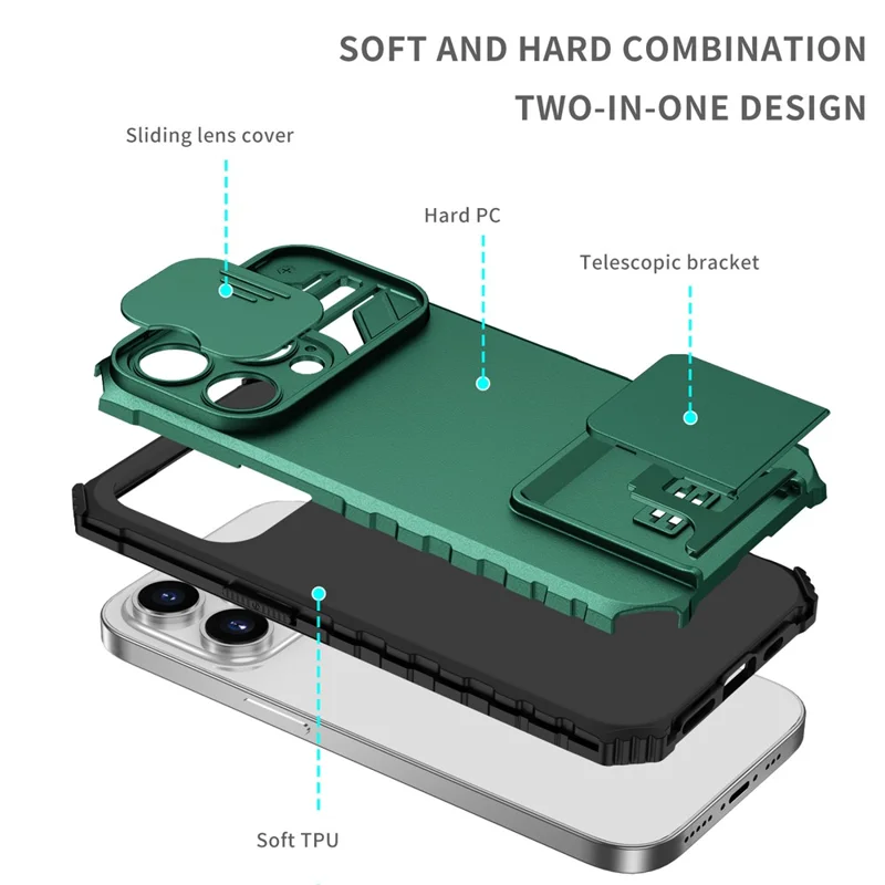 Slide Camera Lid Phone Case for iPhone 15 Pro , PC+TPU Cover Shockproof Phone Shell with Kickstand - Blackish Green