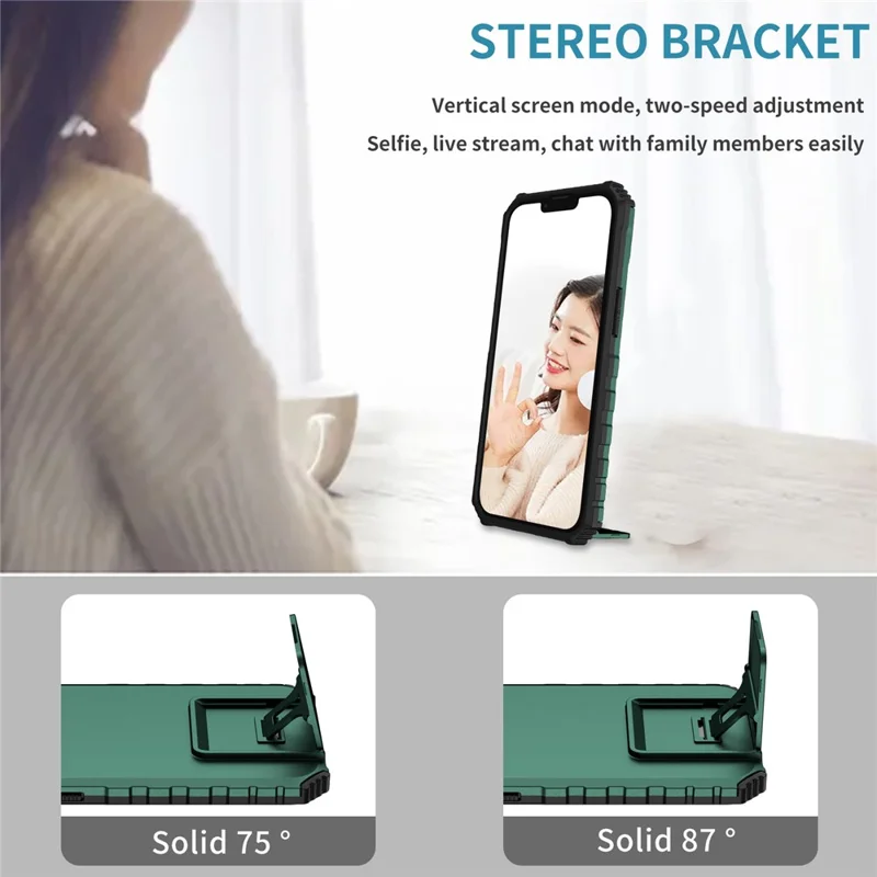 Slide Camera Lid Phone Case for iPhone 15 Pro , PC+TPU Cover Shockproof Phone Shell with Kickstand - Blackish Green