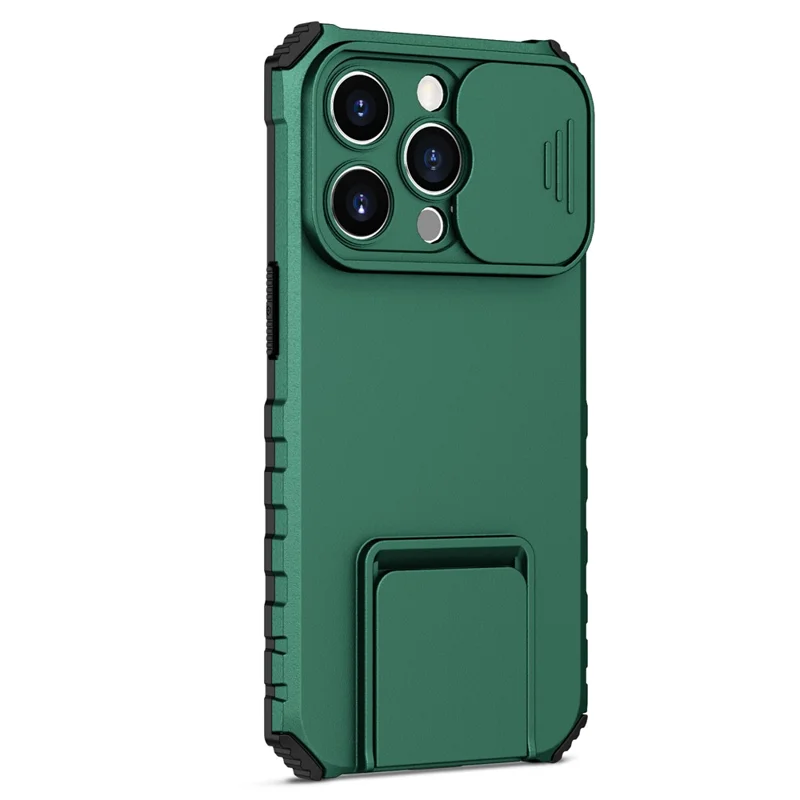 Slide Camera Lid Phone Case for iPhone 15 Pro , PC+TPU Cover Shockproof Phone Shell with Kickstand - Blackish Green