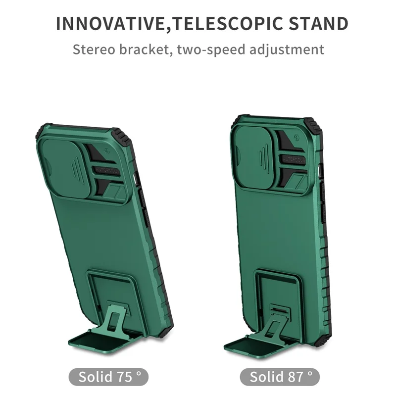 Slide Camera Lid Phone Case for iPhone 15 Pro , PC+TPU Cover Shockproof Phone Shell with Kickstand - Blackish Green