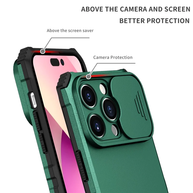 Slide Camera Lid Phone Case for iPhone 15 Pro , PC+TPU Cover Shockproof Phone Shell with Kickstand - Blackish Green