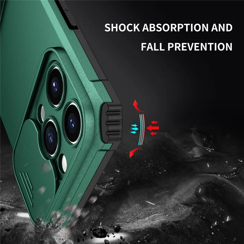 Slide Camera Lid Phone Case for iPhone 15 Pro , PC+TPU Cover Shockproof Phone Shell with Kickstand - Blackish Green