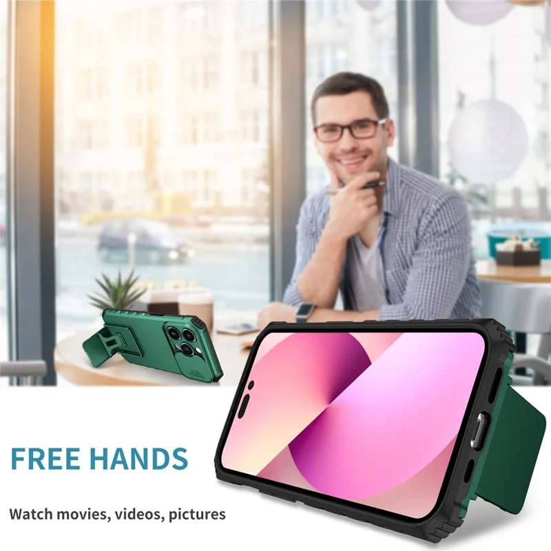 Slide Camera Lid Phone Case for iPhone 15 Pro , PC+TPU Cover Shockproof Phone Shell with Kickstand - Blackish Green