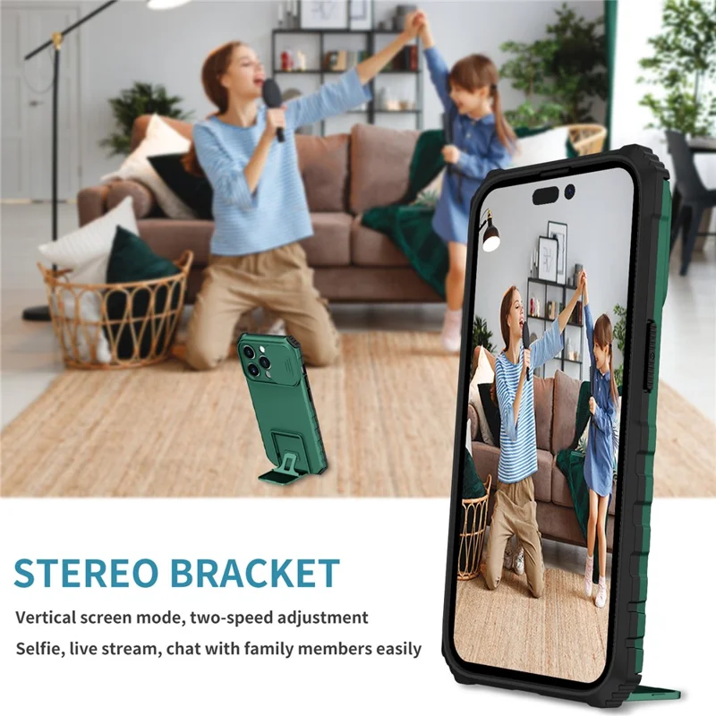 Slide Camera Lid Phone Case for iPhone 15 Pro , PC+TPU Cover Shockproof Phone Shell with Kickstand - Blackish Green