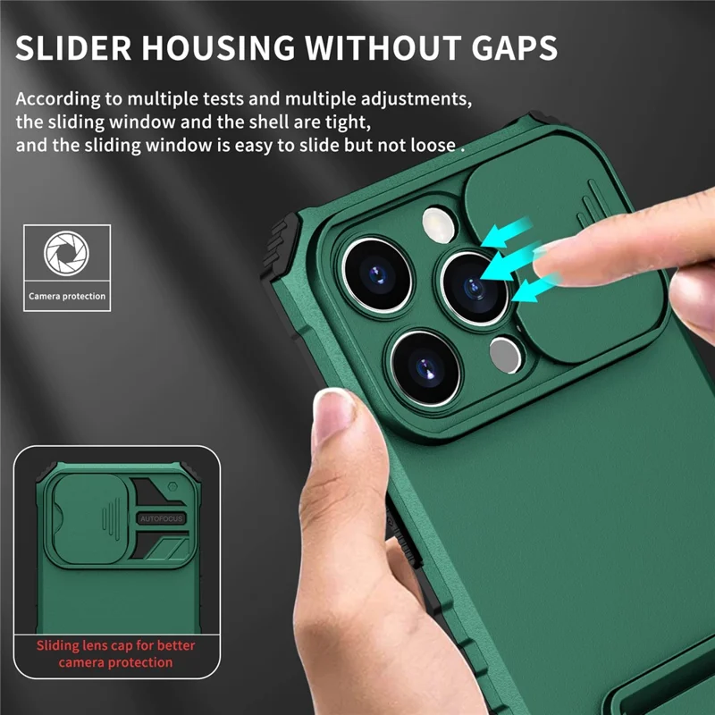 Slide Camera Lid Phone Case for iPhone 15 Pro , PC+TPU Cover Shockproof Phone Shell with Kickstand - Blackish Green