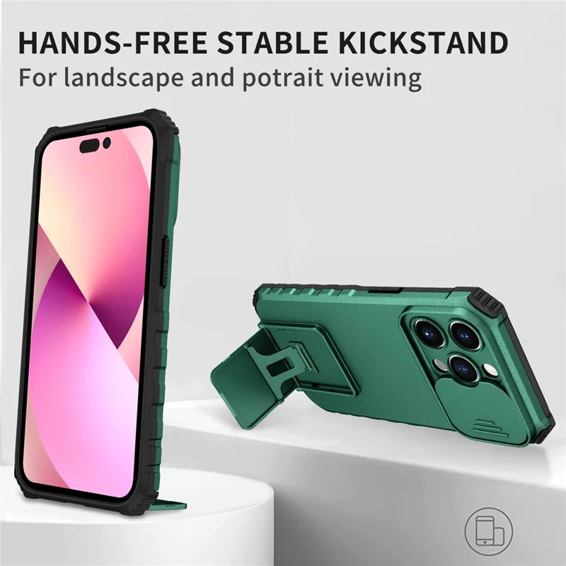 Slide Camera Lid Phone Case for iPhone 15 Pro , PC+TPU Cover Shockproof Phone Shell with Kickstand - Blackish Green