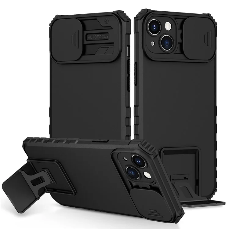 Für iPhone 15 Plus Slide Camera Lid Phone Case PC+TPU stoßfeste Hülle mit Ständer - Schwarz
