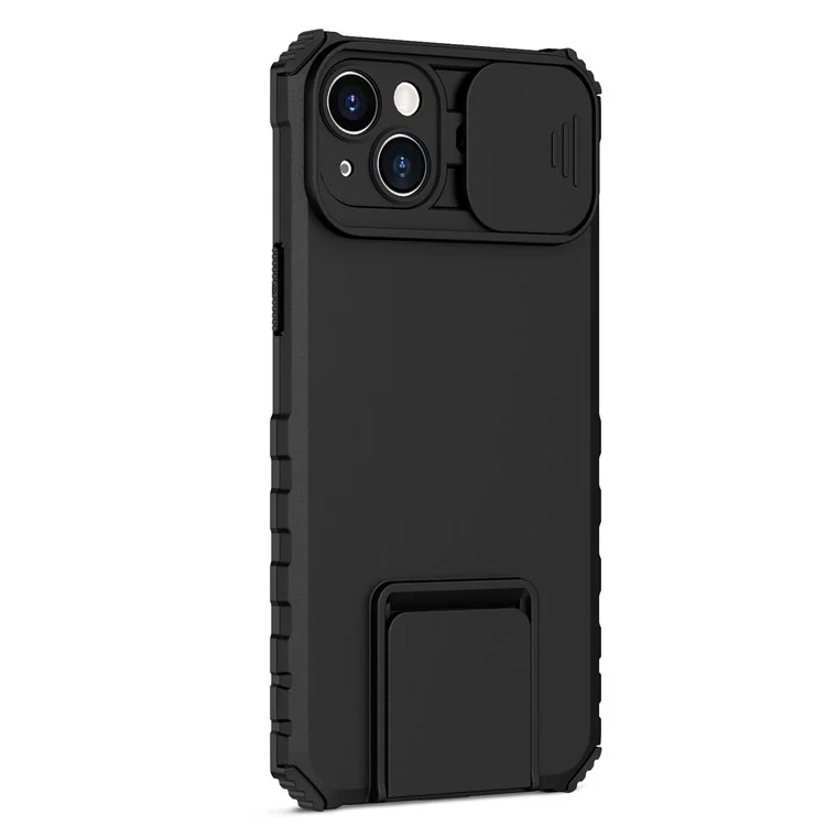 Für iPhone 15 Plus Slide Camera Lid Phone Case PC+TPU stoßfeste Hülle mit Ständer - Schwarz