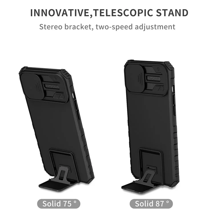 Für iPhone 15 Plus Slide Camera Lid Phone Case PC+TPU stoßfeste Hülle mit Ständer - Schwarz