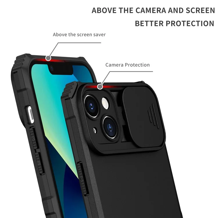 Für iPhone 15 Plus Slide Camera Lid Phone Case PC+TPU stoßfeste Hülle mit Ständer - Schwarz