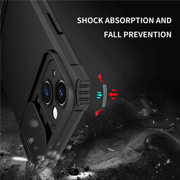 Für iPhone 15 Plus Slide Camera Lid Phone Case PC+TPU stoßfeste Hülle mit Ständer - Schwarz