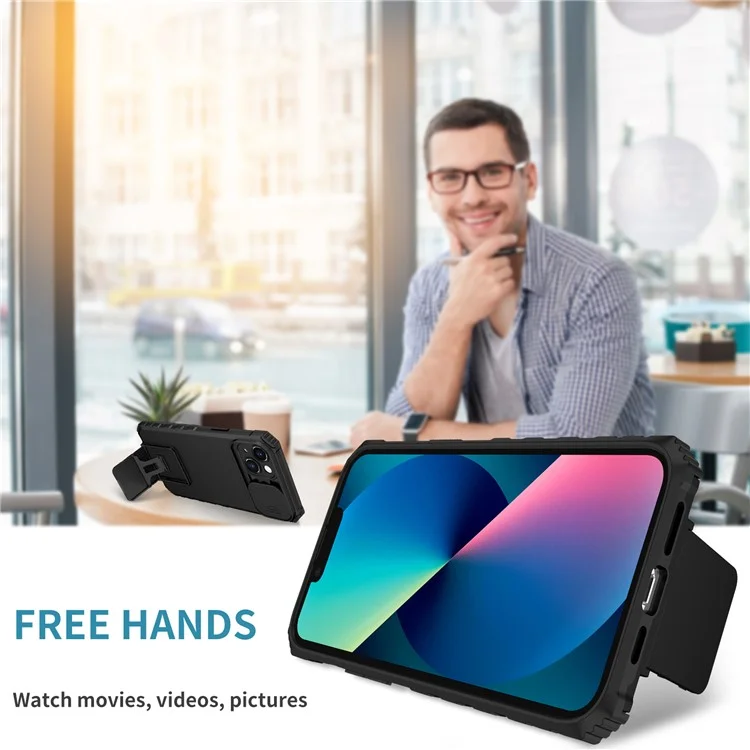 Für iPhone 15 Plus Slide Camera Lid Phone Case PC+TPU stoßfeste Hülle mit Ständer - Schwarz