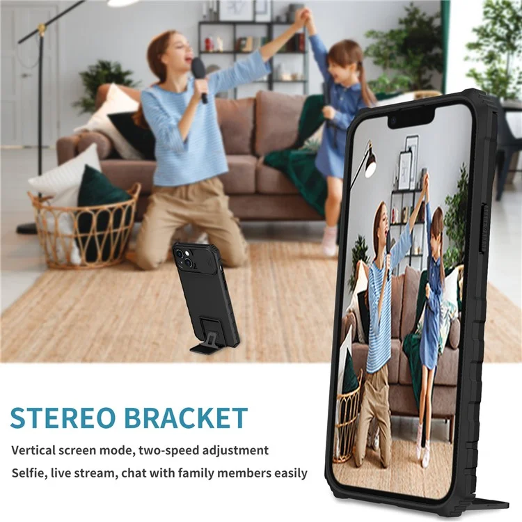Für iPhone 15 Plus Slide Camera Lid Phone Case PC+TPU stoßfeste Hülle mit Ständer - Schwarz