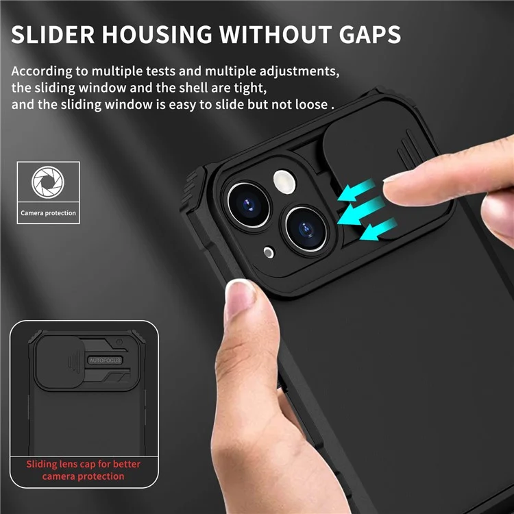 Für iPhone 15 Plus Slide Camera Lid Phone Case PC+TPU stoßfeste Hülle mit Ständer - Schwarz