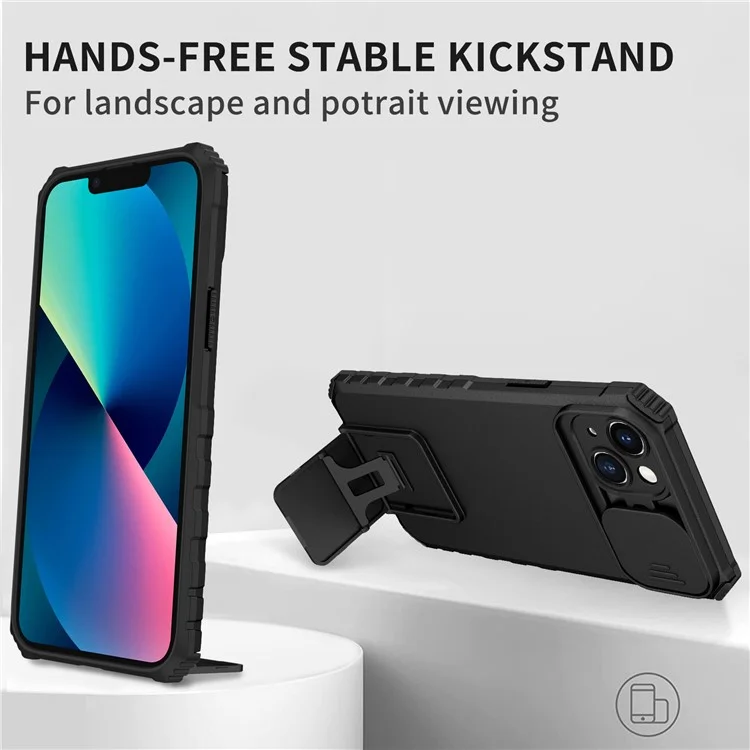 Für iPhone 15 Plus Slide Camera Lid Phone Case PC+TPU stoßfeste Hülle mit Ständer - Schwarz