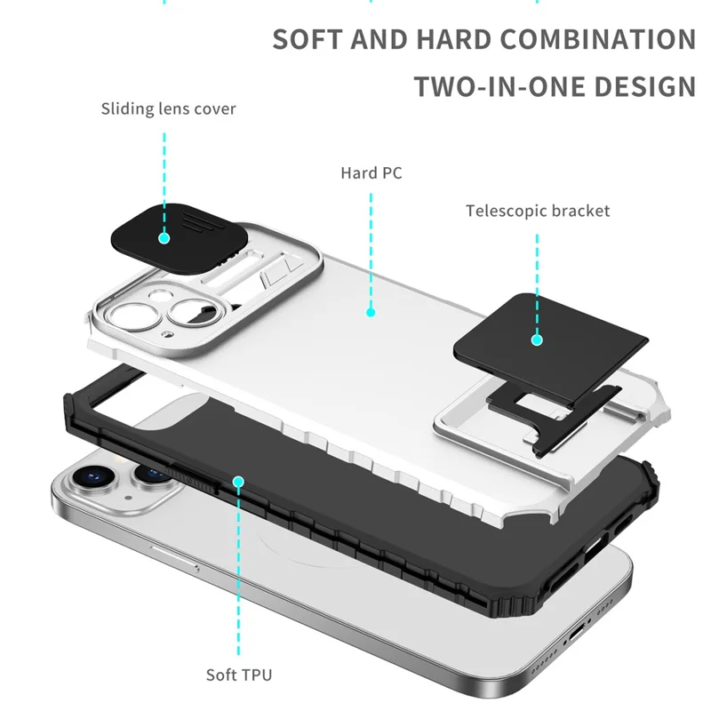 For iPhone 15 Plus Slide Camera Lid Phone Case PC+TPU Shockproof Cover with Kickstand - White