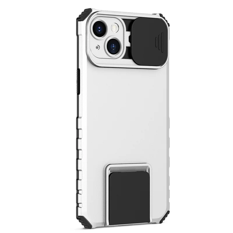 For iPhone 15 Plus Slide Camera Lid Phone Case PC+TPU Shockproof Cover with Kickstand - White