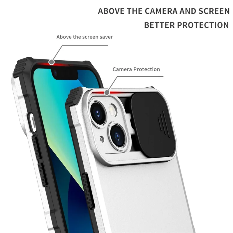 For iPhone 15 Plus Slide Camera Lid Phone Case PC+TPU Shockproof Cover with Kickstand - White
