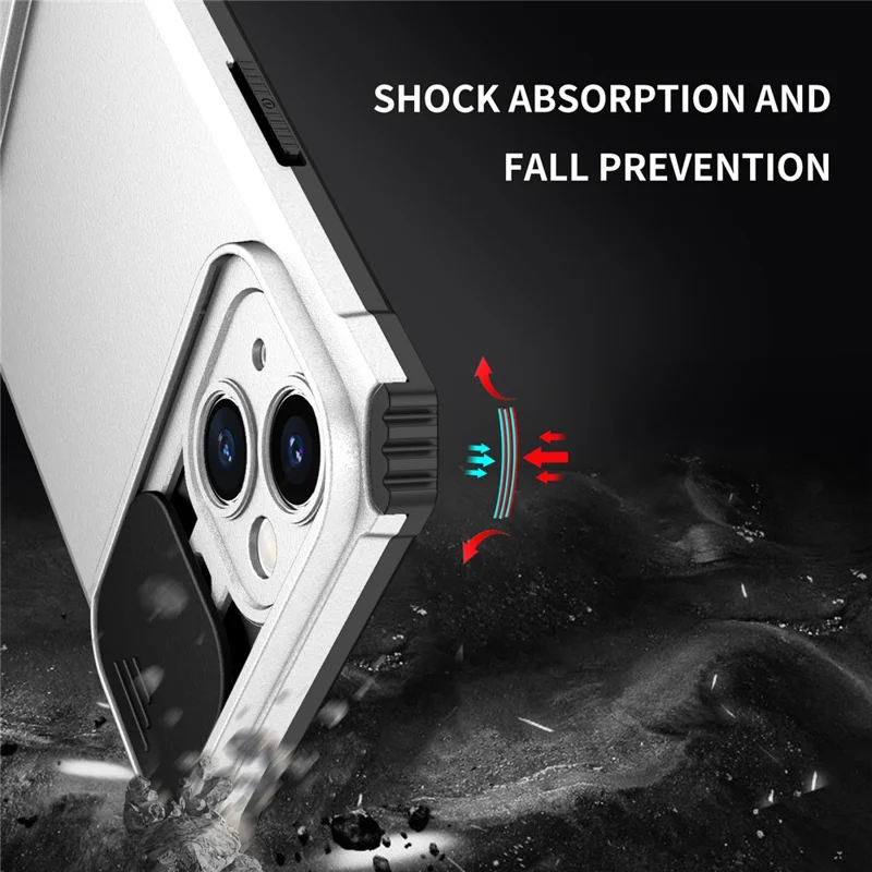 For iPhone 15 Plus Slide Camera Lid Phone Case PC+TPU Shockproof Cover with Kickstand - White