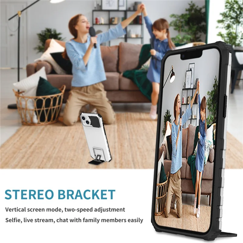 For iPhone 15 Plus Slide Camera Lid Phone Case PC+TPU Shockproof Cover with Kickstand - White