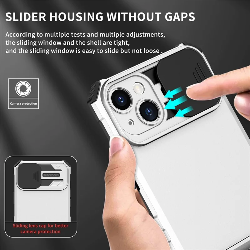 For iPhone 15 Plus Slide Camera Lid Phone Case PC+TPU Shockproof Cover with Kickstand - White